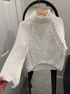 Free People White Cable Knit Turtleneck Sweater